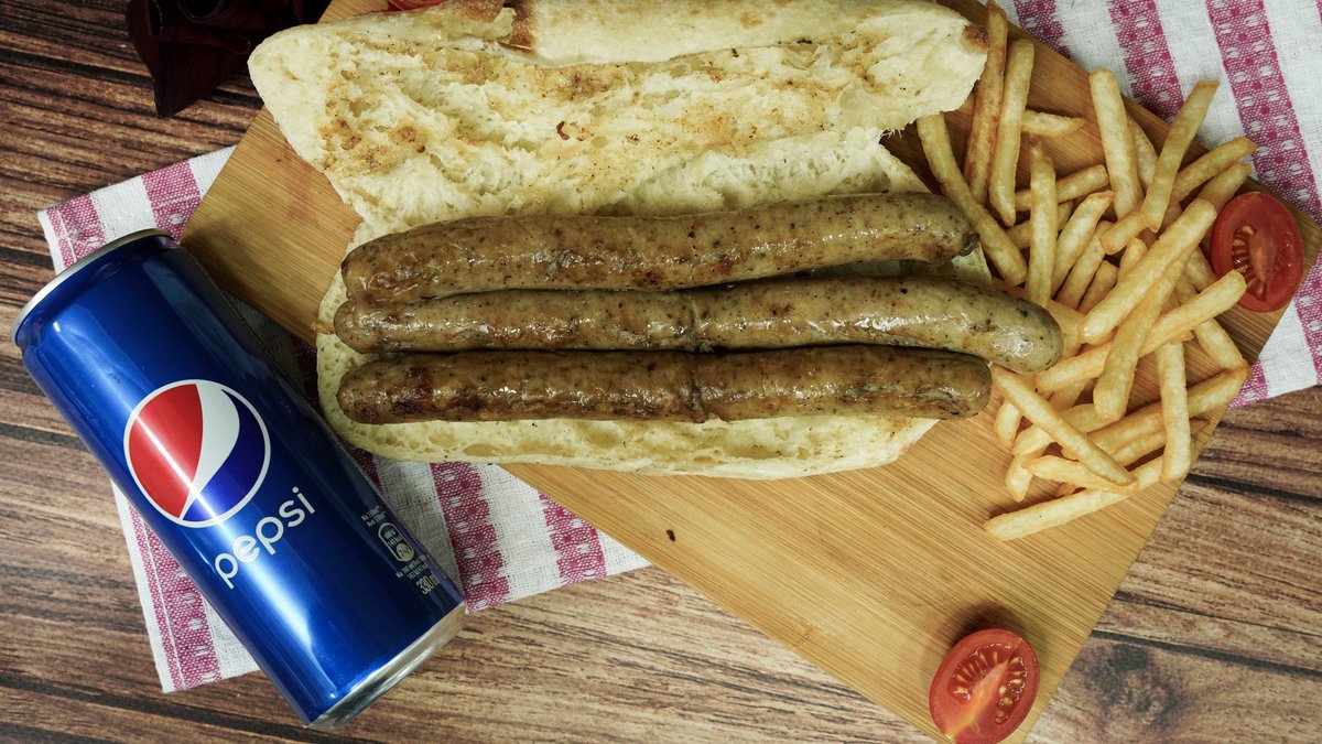 Bela grill kobasica  150g + pomfrit + Pepsi 0.33l