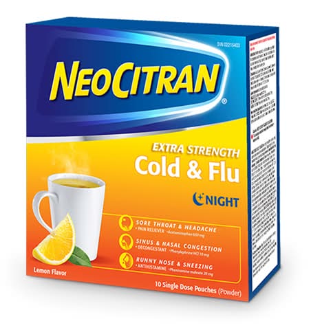 NeoCitran Extra Strength Cold and Sinus Night Powder, Lemon (10 ct)