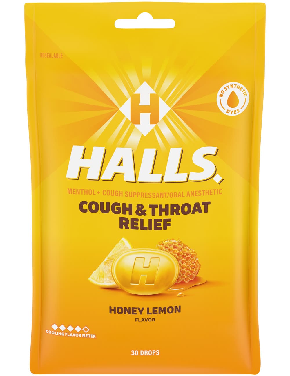 Halls Menthol Cough and Throat Relief Suppressant Drops, Honey Lemon (30 ct)