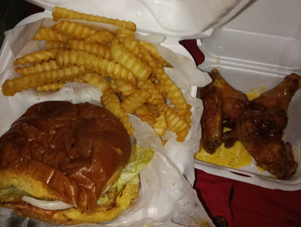 Cheeseburger and 5 Piece Wings