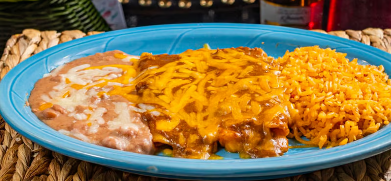 13. Two Cheese Enchiladas Covered with Chili Meat