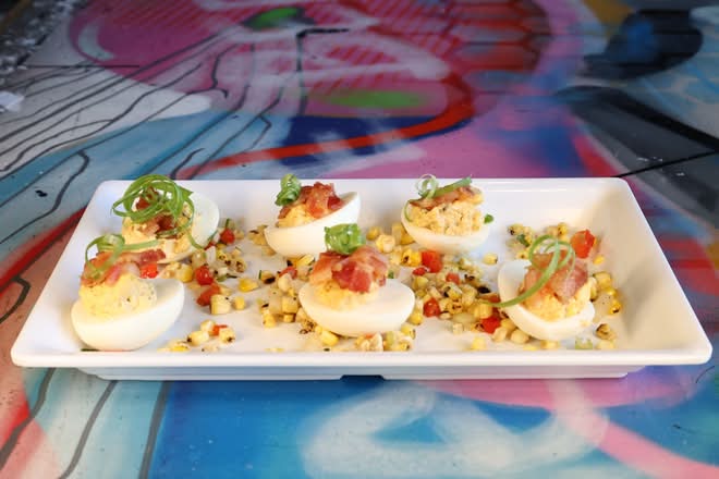 Crispy Elote Deviled Eggs