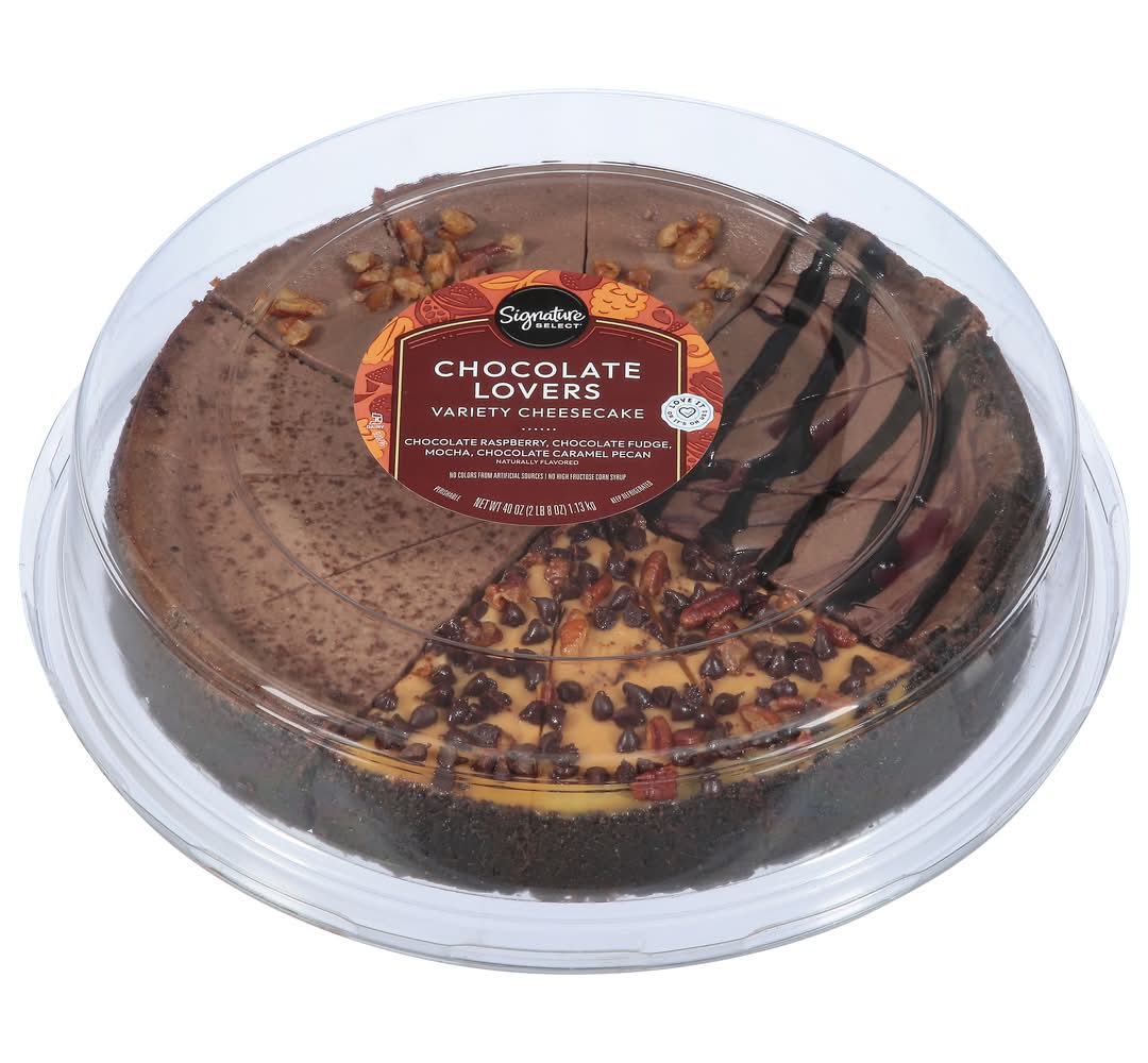 Signature Select Chocolate Lovers Variety Cheesecake, Chocolate Raspberry-Chocolate Fudge Mocha-Chocolate Caramel Pecan (40 oz)
