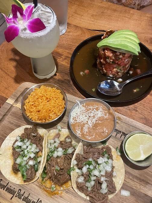 3 Birria tacos with rice and beans