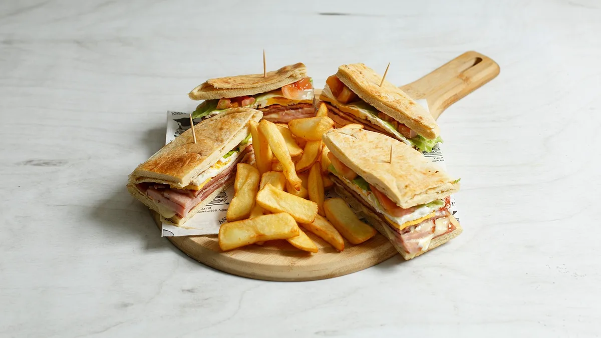 Anergoi Pita Club Sandwich with French Fries