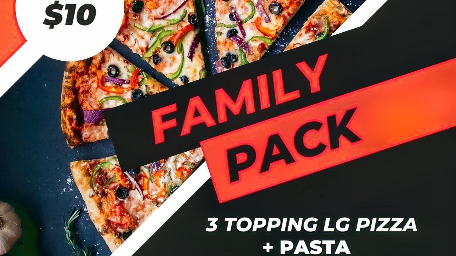 FAMILY PACK - 3 topping LG NYPizza + Pasta  + Appetizer + 2L Soda (You save $17)
