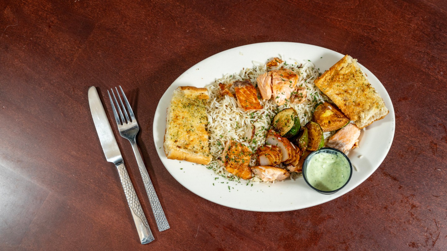 Salmon Kabob and Rice