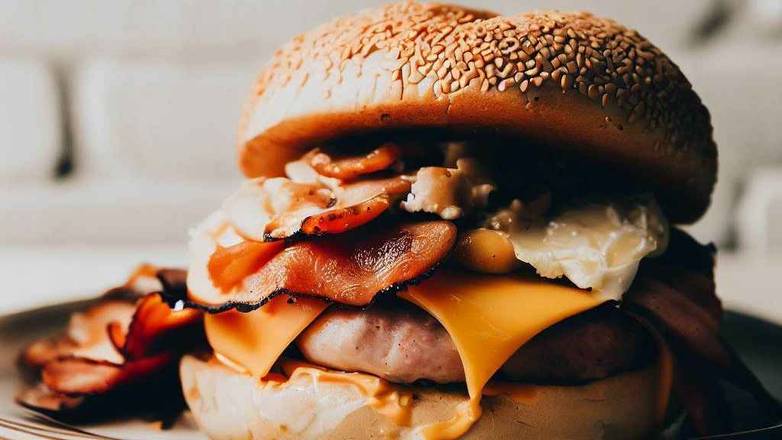 Bacon, Sausage, Ham, Egg and Cheese Breakfast Sandwich
