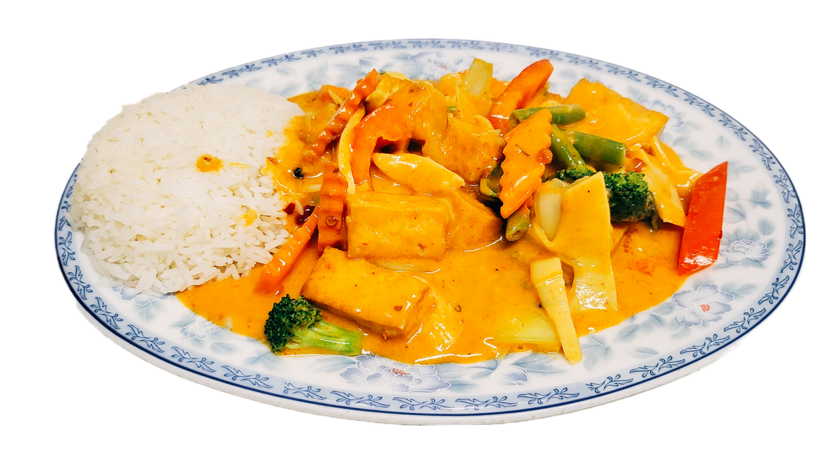 107. Gebratener Tofu mit gelber Currysoße und Kokosmilch