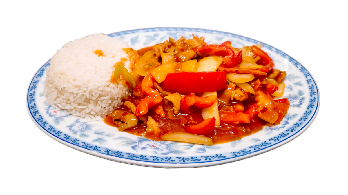 50. Schweinefleisch mit Tomatensoße (Knoblauch, scharf)
