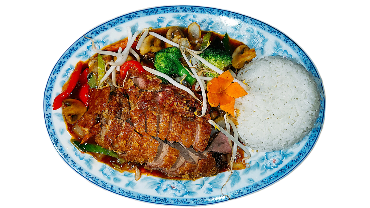 75. Knusprige Ente mit Champignons und Spargel