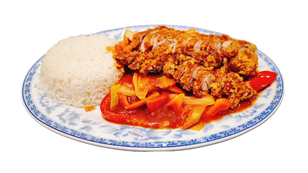 78. Knusprige Ente mit Paprika und Tomatensoße (scharf)