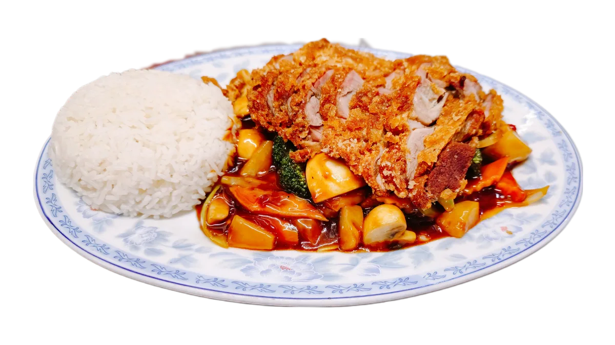 79b. Knusprige Ente mit Champignons und Ananas (leicht scharf)