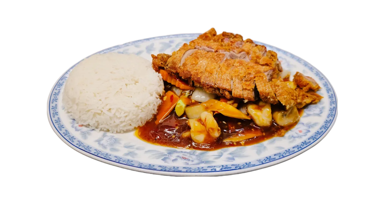 79f. Knusprige Ente mit 2 Großgarnelen und Gemüse