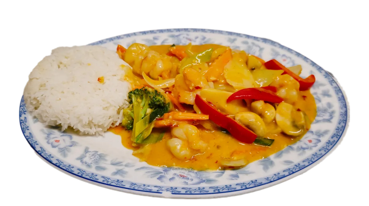 84. Großgarnelen mit Curry, Gemüse und Kokosmilch