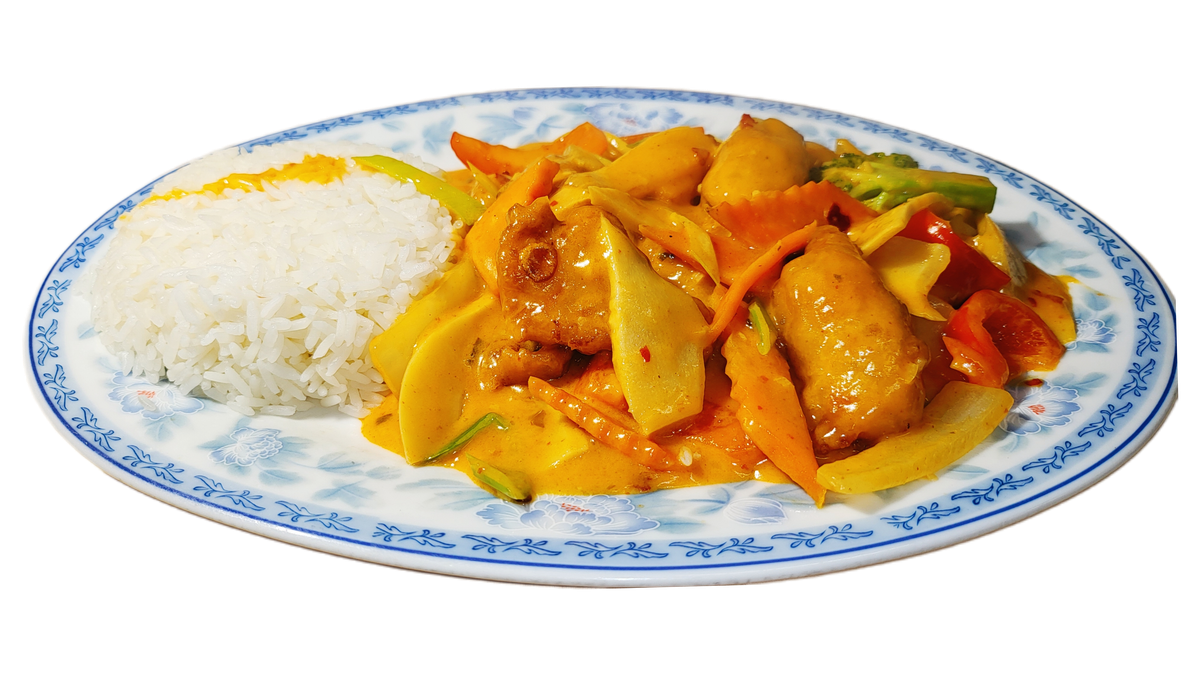 93. Gebackener Seelachs mit Curry, Gemüse und Kokosmilch