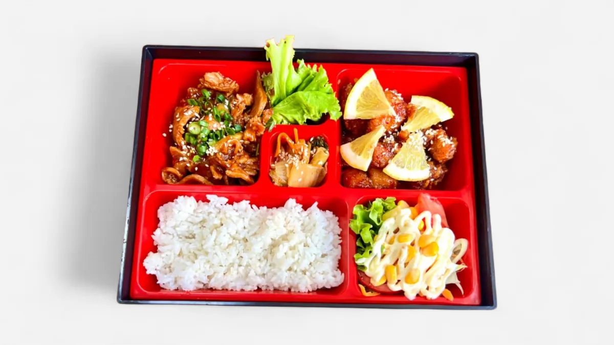 BENTO Bulgogi Pork, Orange Chicken, Salad, Kimchi