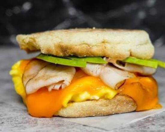 English Muffin, Smoked Turkey, Avocado, Egg, and Cheddar