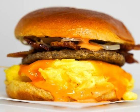 Brioche, Bacon, Sausage, Egg, and Cheddar