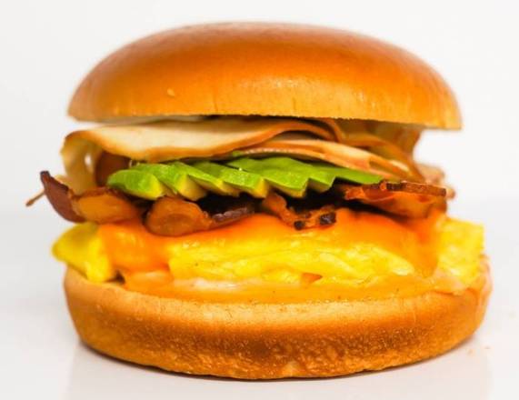 Brioche, Bacon, Turkey, Avocado, Egg, and Cheddar