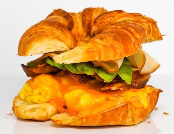 Croissant, Bacon, Turkey, Avocado, Egg, and Cheddar