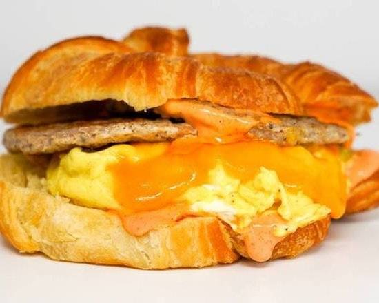 Croissant, Sausage, Egg, and Cheddar