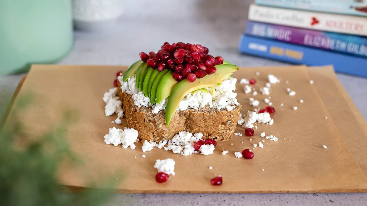 Feta, Avocado, Pomegranate Honey Open Sandwich