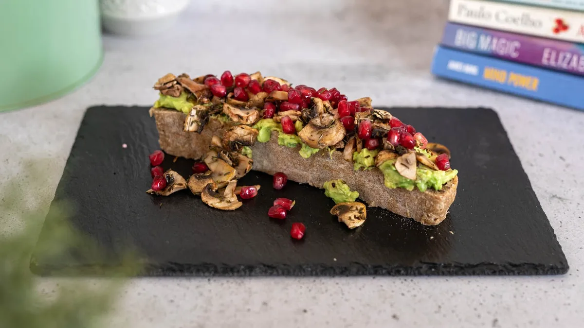 Vegan Avocado Spread, Roasted Mushrooms, Pomegranate Open Sandwich 🌱