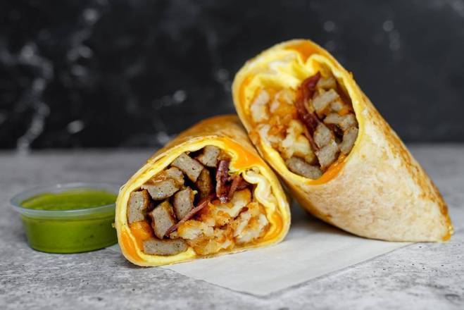 Bacon, Sausage, Egg, and Cheddar Breakfast Burrito