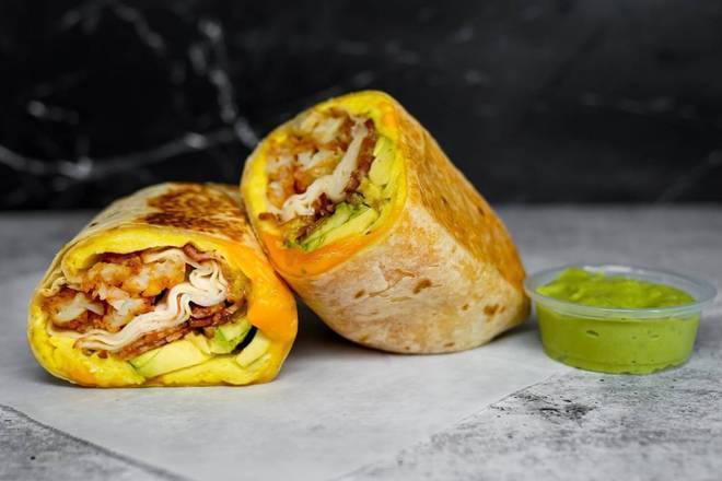 Bacon, Turkey, Avocado, Egg, and Cheddar Breakfast Burrito
