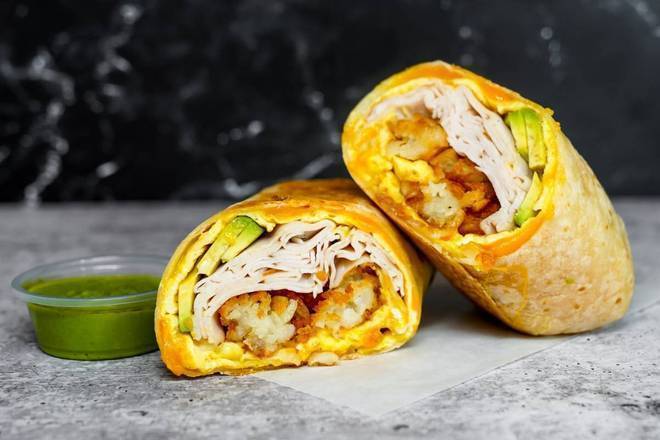 Smoked Turkey, Avocado, Egg, and Cheddar Breakfast Burrito