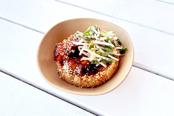 pork belly + crispy rice bowl