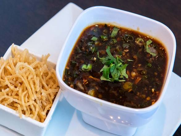 Chicken Manchow Soup, Served with fried noodles