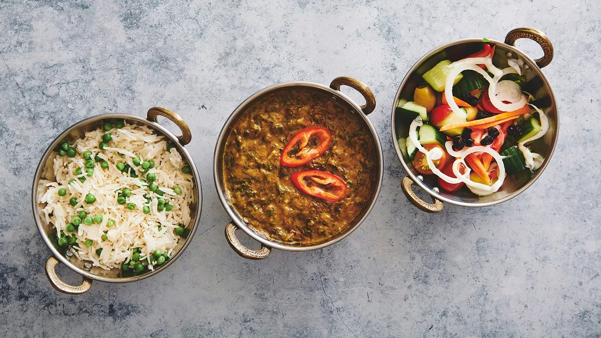 Veg korma and ris (V, G)