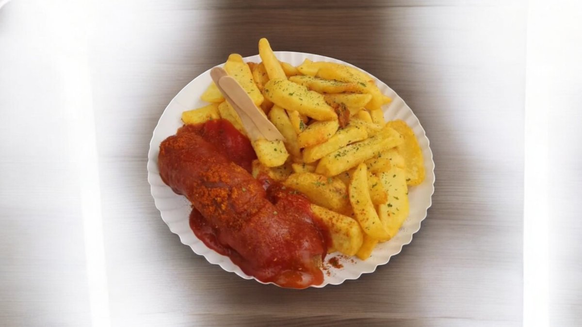 Curry-Vurst mit Currysoße und Fritten