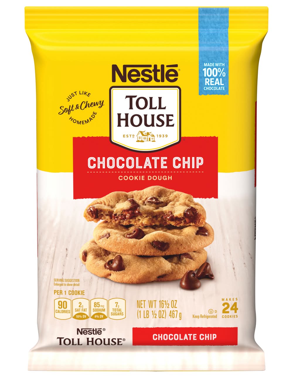 Toll House 100% Real Soft and Chewy Cookie Dough, Chocolate Chip (16.5 oz, 24 ct)