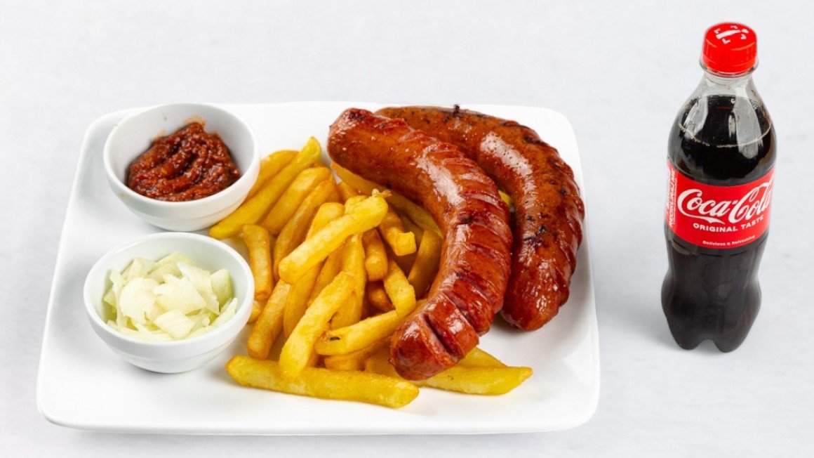 Grilled sausage with french fries and Coca-Cola 0.5 l