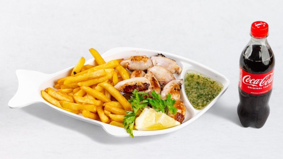 Grilled squid stuffed with ham and cheese with french fries and Coca-Cola 0.5 l