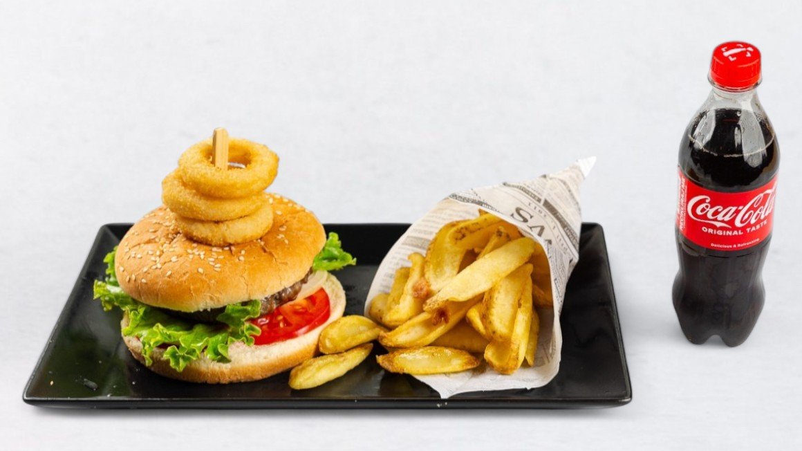 Hamburger with french fries, onion rings and Coca-Cola 0.5 l