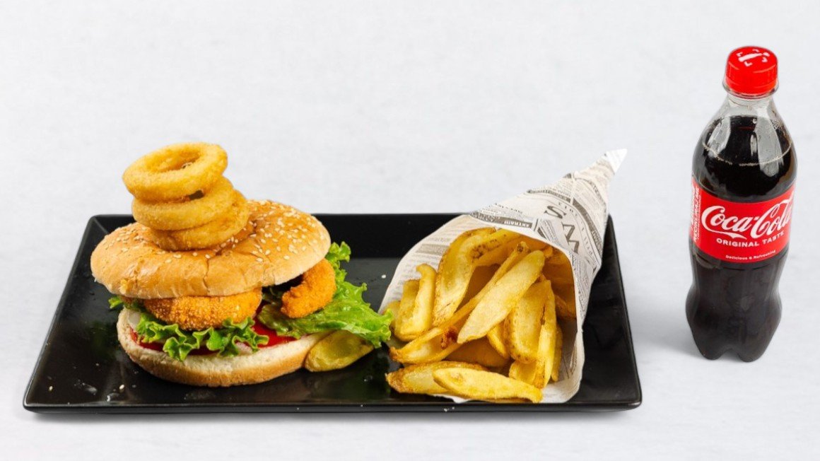 Shrimp burger with french fries, onion rings and Coca-Cola 0.5 l