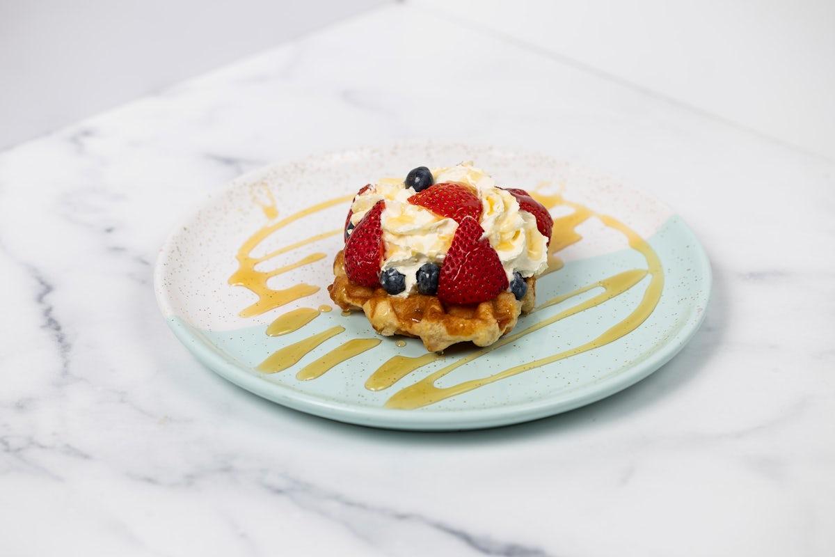 Waffle with Honey, Berries and Vegan Whipped Cream