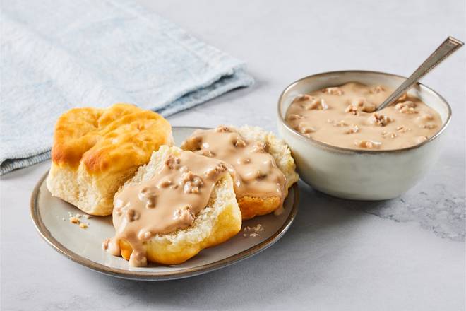 Cup of Sausage Gravy and Biscuits