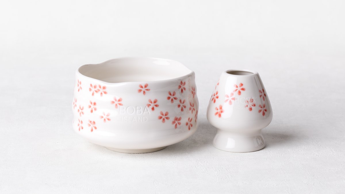 Pink Floral Matcha Bowl And Whisk Holder Set