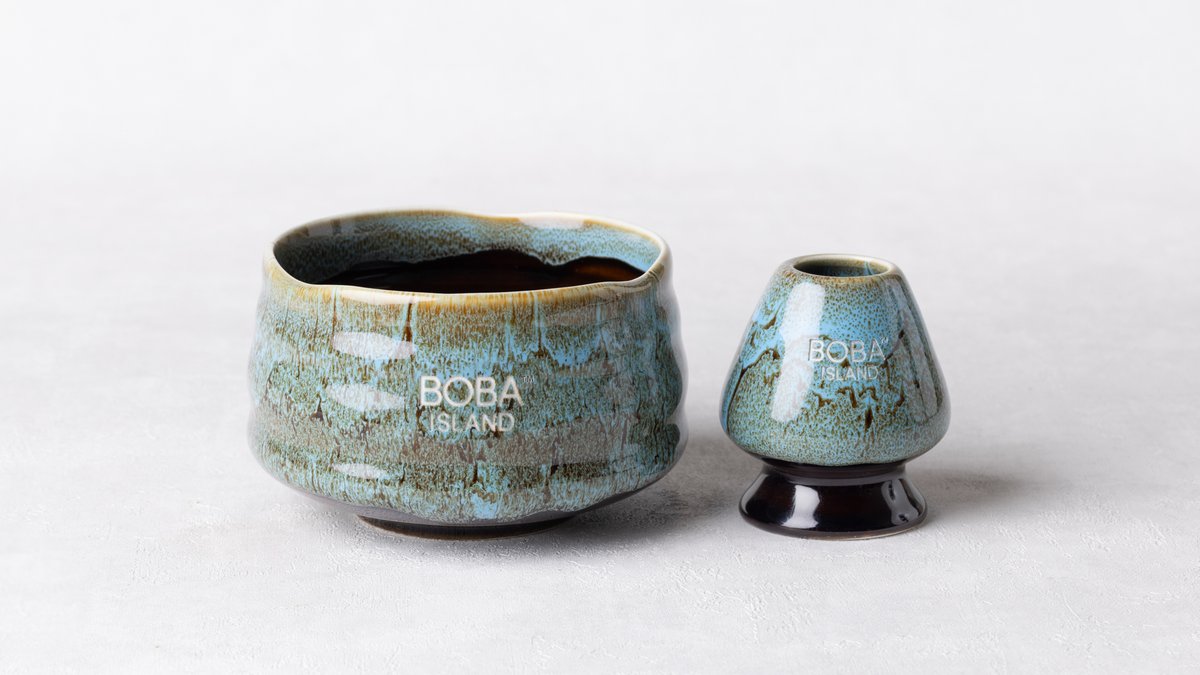 Blue Matcha Bowl and Whisk Holder Set