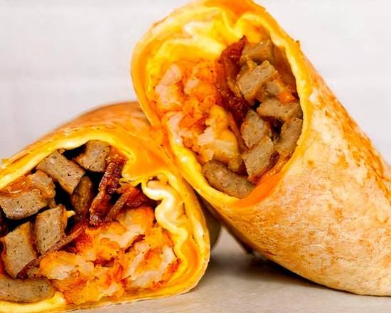 Bacon, Sausage, Egg, and Cheddar Breakfast Burrito