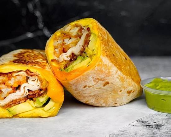 Bacon, Turkey, Avocado, Egg, and Cheddar Breakfast Burrito