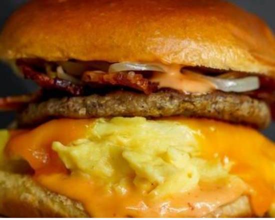 Bagel, Bacon, Sausage, Egg, and Cheddar