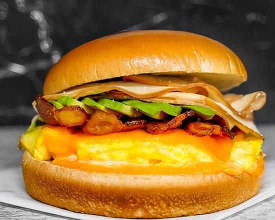 Bagel, Bacon, Turkey, Avocado, Egg, and Cheddar
