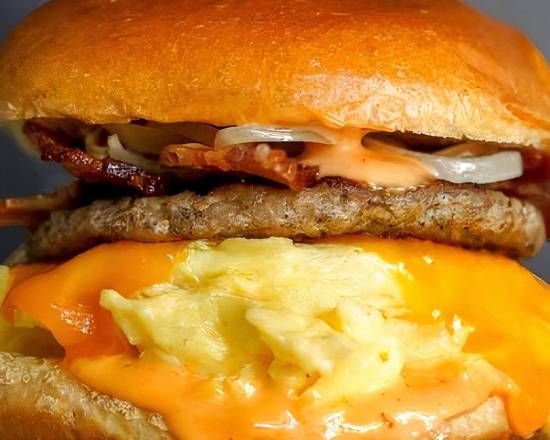 Brioche, Bacon, Sausage, Egg, and Cheddar