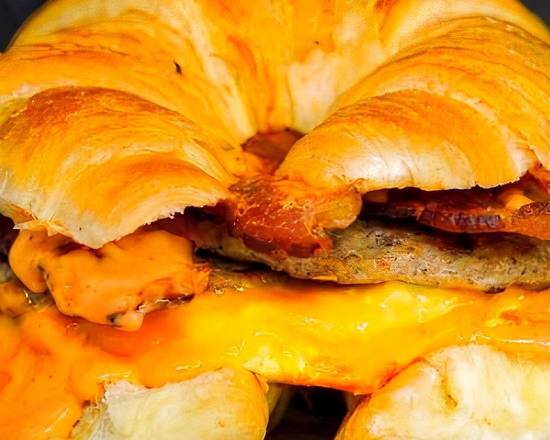 Croissant, Bacon, Sausage, Egg, and Cheddar